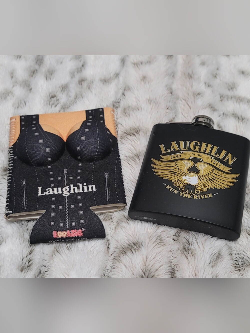 NEW Black and Gold Flask Koozie Set Laughlin Arizona